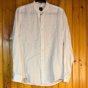 BOSS White 100% Linen Band-Collar Button-Down Shirt